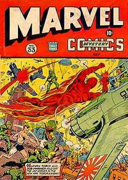 Plane - Guns - Explosion - Flaming Man - Soldier Marvel Mystery Comics 33 - Plane - Guns - Explosion - Flaming Man - Soldier