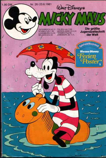 Micky Maus 1304 - Red Umbrella With Flowers - Goofy - Raining - Ocean Of Water - Orange Sea Creature
