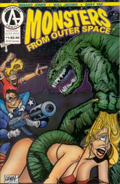 Monsters From Outer Space 1 - Green Monster With A Tail - Holding Woman Captive - Blonde Woman In Red Bikini - Man In Blue Costume With Large Gun - Blond Kid Riding On Shoulders