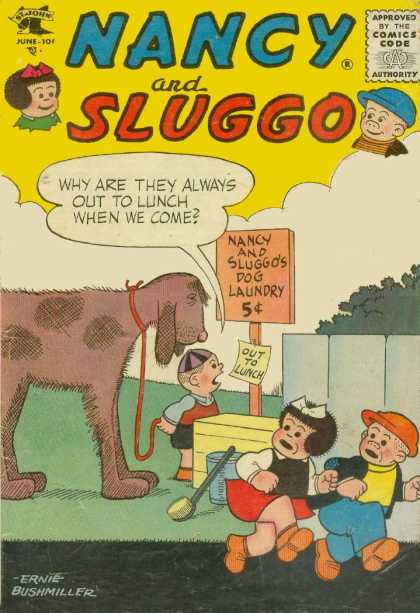 Nancy and Sluggo 123 - Out To Lunch - Dog - Brush - Pail - Fence