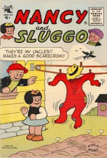 Nancy and Sluggo 133 - Bird - Red Hat - Clothesline - Yellow House - Garden