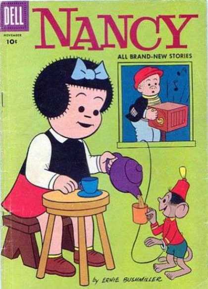 Nancy and Sluggo 148 - Monkey - Tea Cup - Teapot - Stool - Blue Hair Bow