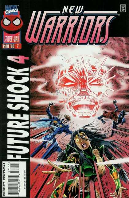 New Warriors 71 - Marvel Comics - Future Shock 4 - Evil Face - Blast - People Flying In Different Directions