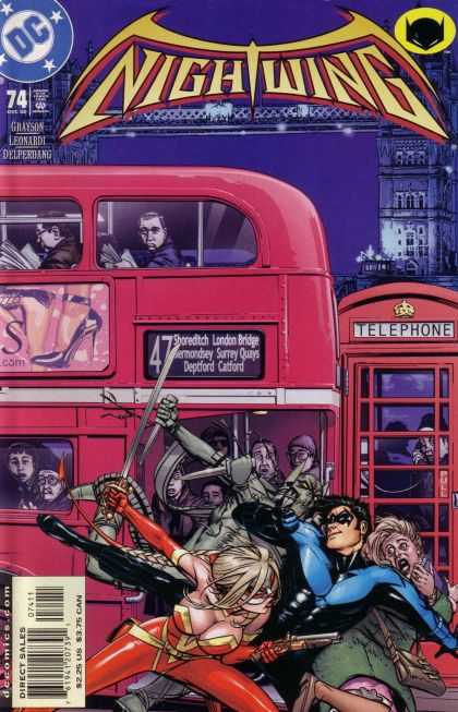 Nightwing 74 - Issue 74 - Double Decker Bus - London In The Background - Woman And Man Fighting In Front Of Bus - Onlookers On The Bus - Michael Golden