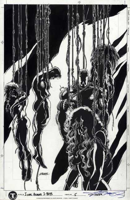 People Hanging Mid-air - Long Wavy Hair - Oriental Man - Little Or No Clothing - Bamboo Rods Original Cover Art - Isaac Asimov's I-BOTS #5 Cover - People Hanging Mid-air - Long Wavy Hair - Oriental Man - Little Or No Clothing - Bamboo Rods