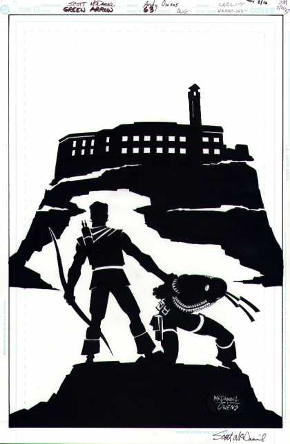 Original Cover Art - Green Arrow - Black And White - Silhouette - Building - Shadows - Bow