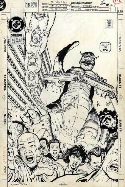 Original Cover Art - Superboy - Dc - Superboy - Train - Godzilla - Black And White