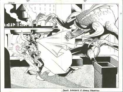 Original Cover Art - Spawn #? Double Page Spread - Gary Martin - Blak And White Graphic - Huge Monster - Water Tower - Rooftop With Chimneystack