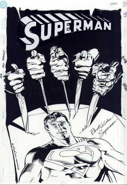 Original Cover Art - Superman Vs. The Revenge Squad #1 Cover (1998) - Superman - Black And White - Hands - Knives - Headshot