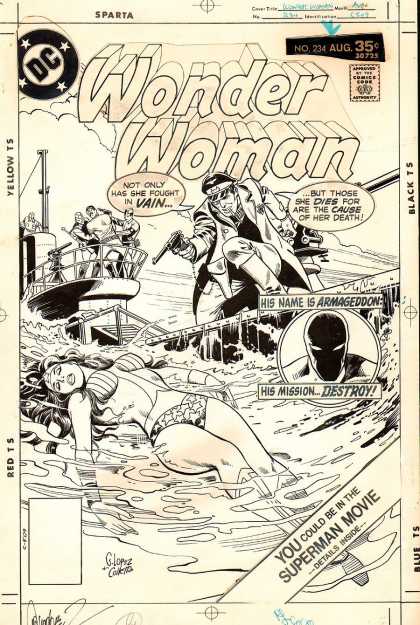 Original Cover Art - Wonder Woman #234 Cover (1977) - People - River - Woman - Boat - Gun