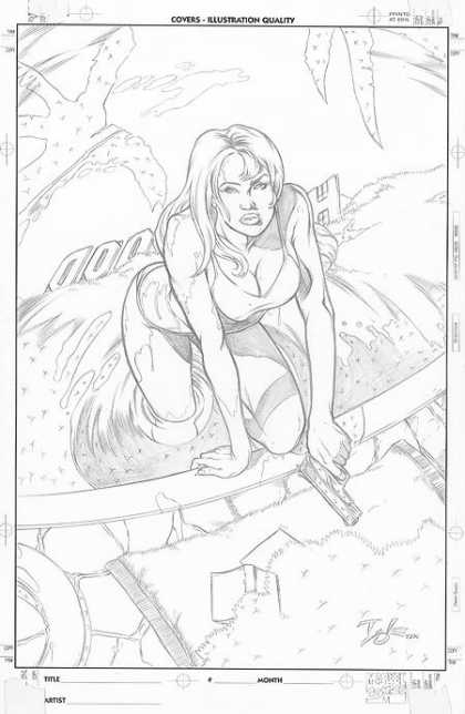 Original Cover Art - Penciled Babe Cover - Woman - Gun - Bikini - Pool - Black And White Sketch