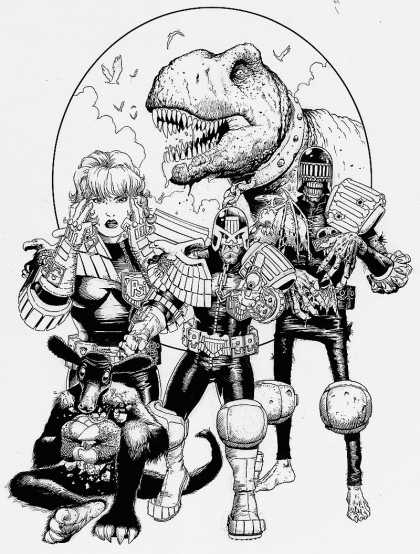 Original Cover Art - Judge Dredd #214 Cover (2004) - Judge Dredd - Tyranosaurus Rex - Dinosaur - Black And White - Zombie