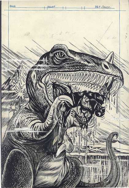 Original Cover Art - Jungle Action #14 Cover (unpublished) 1974 - Dinosaur - T-rex - Saliva - Mountains - Palm Trees