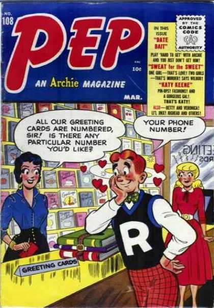 Pep Comics 108 - Greeting Cards - Your Phone Number - All Our Greeting Cards Are Numbered Sir Is There Any Particular Number Youd Like - Love Symbols - One Girlone Boy