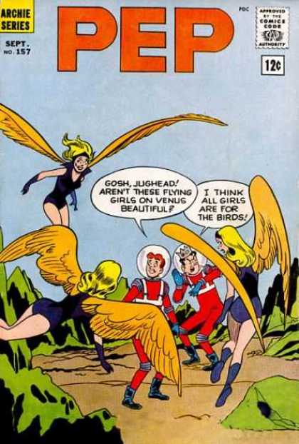 Pep Comics 157 - 12c - Sept No 157 - Gosh Jughead Arent These Flying Girls On Venus Beautiful - I Think All Girls Are For The Birds - Women With Wings