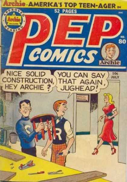 Pep Comics 80 - Table - Red Dress - Blonde Hair - Door Way - Wood Shop