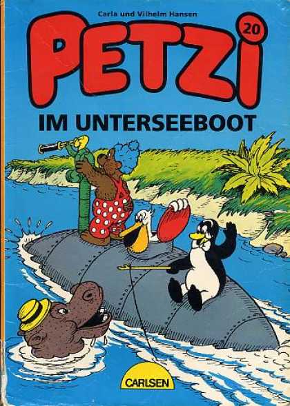 Petzi 19 - Metal Submarine - Animal Crew - Turtle With Tellescope - Hippo With Hat - Penguin Fishing