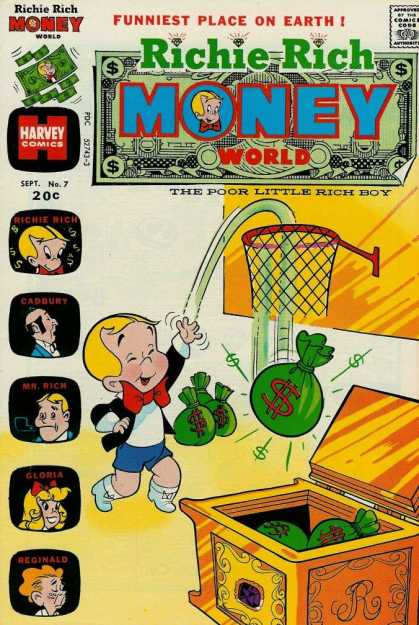 Richie Rich Money World 7 - Comics Code Authority - Harvey Comics - Dollar Signs - Basketball Hoop - Boy