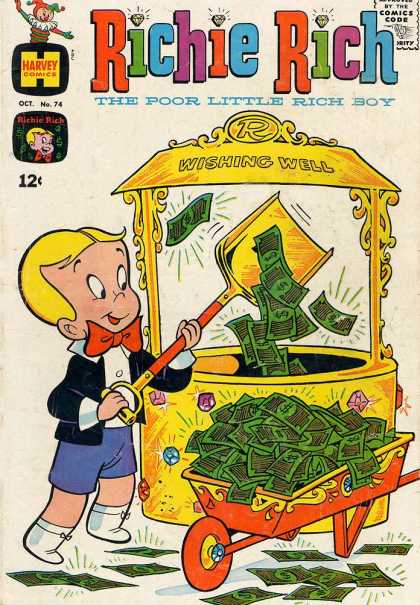 Richie Rich 74 - October Issue - Dumping Money Into Wishing Well - Diamond Encrusted Wheelbarrow - Golden Shovel - Gem Encrusted Wishing Well