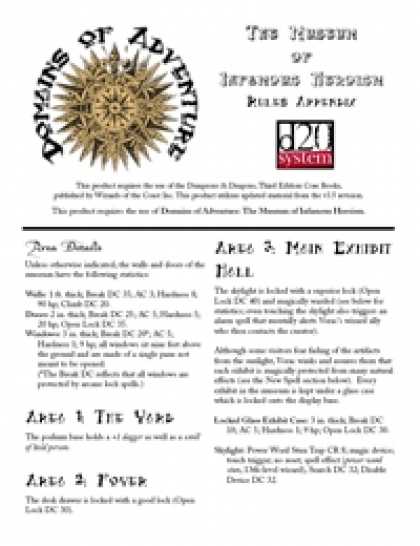 Role Playing Games - Domains of Adventure: The Museum of Infamous Heroism + Rules Appendix d20