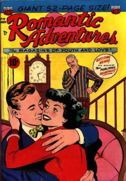 Romantic Adventures 19 - The Magazine Of Youth And Love - Grandfather Clock - Striped Pajamas - Polkadot Bow Tie - Red Dress