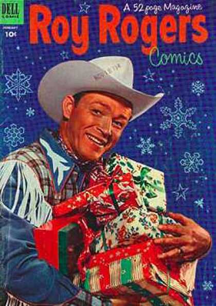 White Cowboy Hat - Christmas Presents - White Snowflakes - Plaid Fringed Vest - Blue Shirt Roy Rogers Comics 61 - White Cowboy Hat - Christmas Presents - White Snowflakes - Plaid Fringed Vest - Blue Shirt