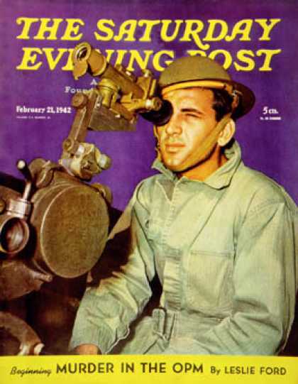 Saturday Evening Post - 1942-02-21: Soldier Looking Through Range Finder (Rudy Arnold)