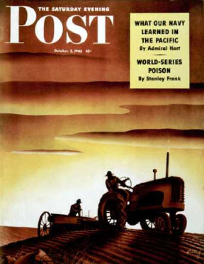 Saturday Evening Post - 1942-10-03: Tractors at Sunset (Arthur C. Radebaugh)