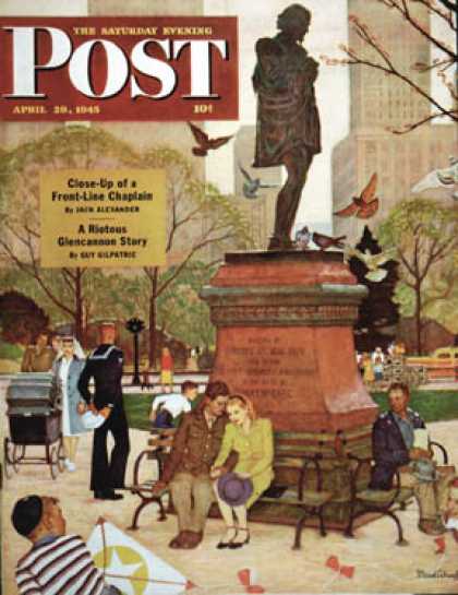 Saturday Evening Post - 1945-04-28: Romance Under Shakespeare's Statue (Mead Schaeffer)