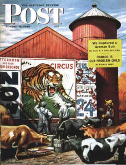 Saturday Evening Post - 1945-08-04: Barnside Circus Poster (Stevan Dohanos)