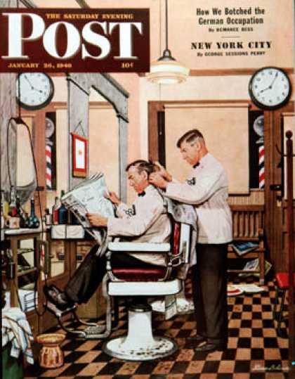 Saturday Evening Post - 1946-01-26: Barber Getting Haircut (Stevan Dohanos)