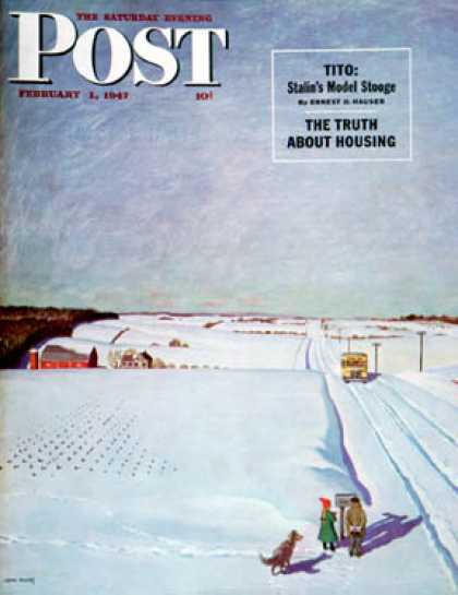 Saturday Evening Post - 1947-02-01: Waiting for School Bus in Snow (John Falter)
