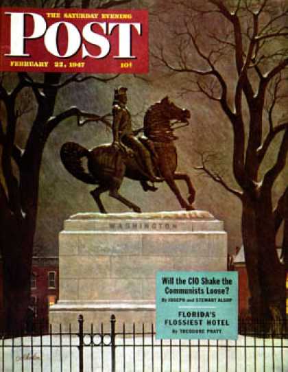 Saturday Evening Post - 1947-02-22: Statue of Washington on His Horse (John Atherton)