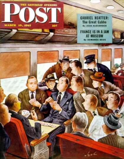 Saturday Evening Post - 1947-03-15: Commuter Card Game (Constantin Alajalov)