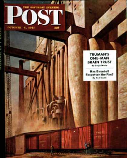 Saturday Evening Post - 1947-10-04: Boxcars at Grain Elevators (John Atherton)