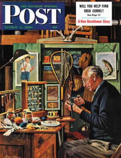 Saturday Evening Post - 1950-03-04: Tying Flies (Stevan Dohanos)