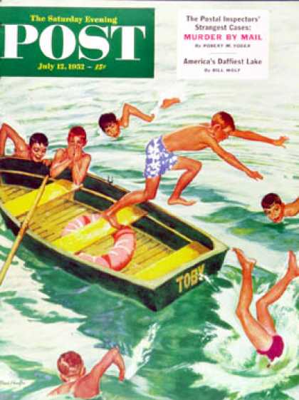 Saturday Evening Post - 1952-07-12: Rowboat Diving (Mead Schaeffer)