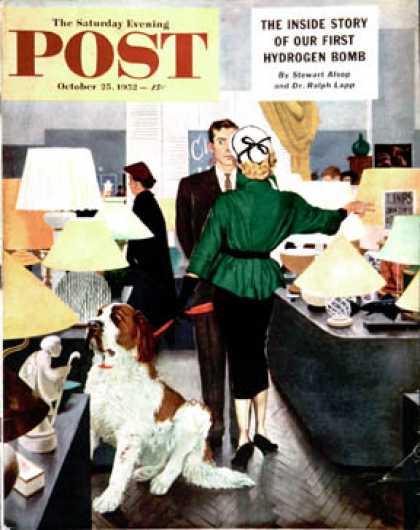Saturday Evening Post - 1952-10-25: St. Bernard in Lamp Shop (George Hughes)