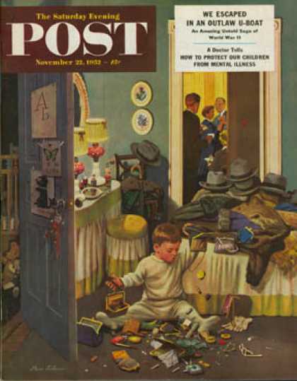 Saturday Evening Post - 1952-11-22: Toddler Empties Purses (Stevan Dohanos)