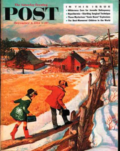 Saturday Evening Post - 1954-12-04: Walking on the Fence (John Clymer)