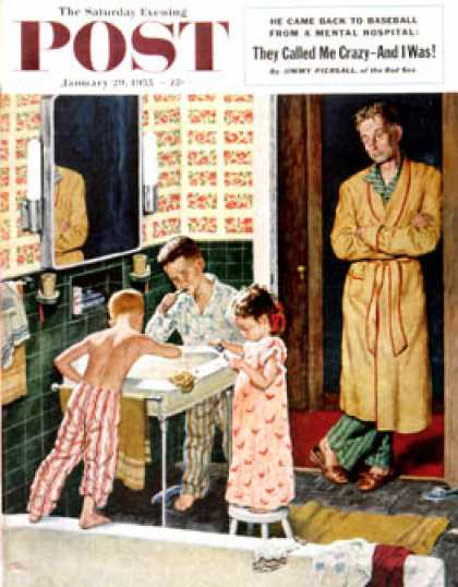 Saturday Evening Post - 1955-01-29: Brushing Their Teeth (Amos Sewell)