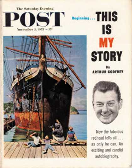 Saturday Evening Post - 1955-11-05: Big Ship at Dock (John Falter)