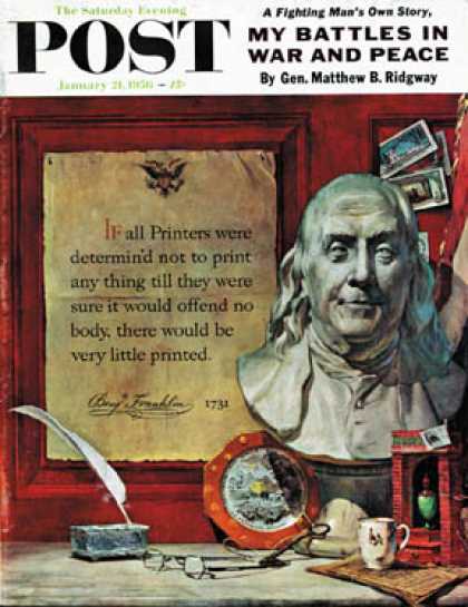 Saturday Evening Post - 1956-01-21: Benjamin Franklin - bust and quote (Stanley Meltzoff)