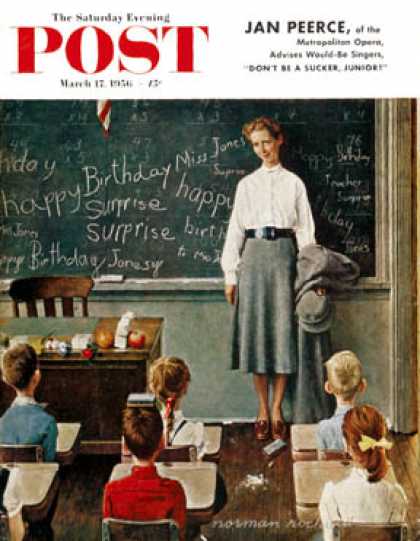 Saturday Evening Post - 1956-03-17: "Happy Birthday, Miss Jones" (Norman Rockwell)