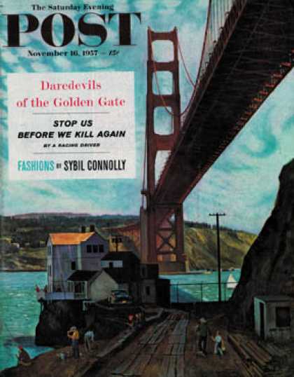 Saturday Evening Post - 1957-11-16: Fishing Under the Golden Gate (John Falter)