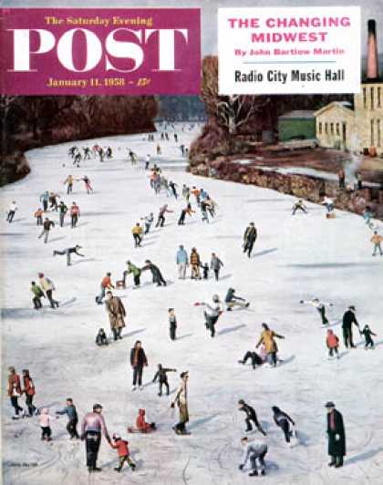Saturday Evening Post - 1958-01-11: Fox River Ice-Skating (John Falter)