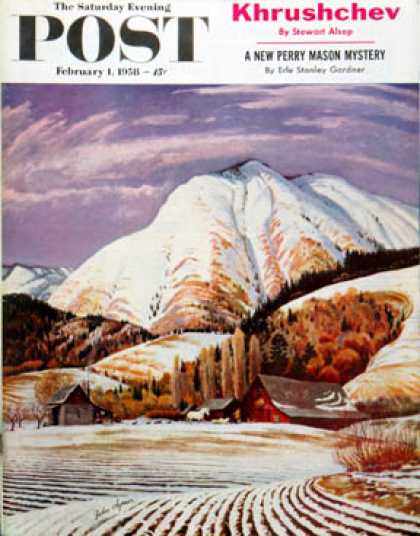 Saturday Evening Post - 1958-02-01: Cascade Mountain Farm (John Clymer)