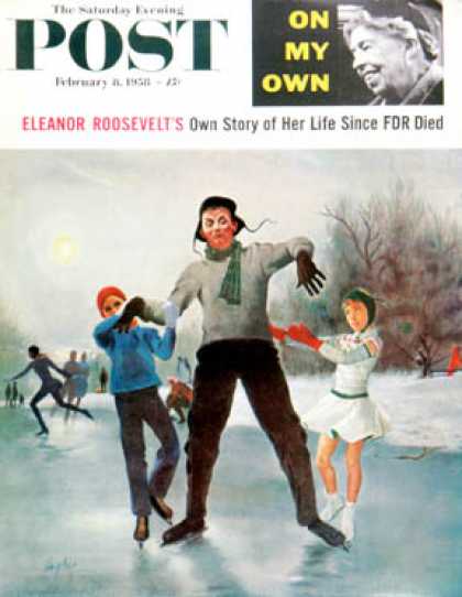 Saturday Evening Post - 1958-02-08: Ice-skating Class for Dad (George Hughes)