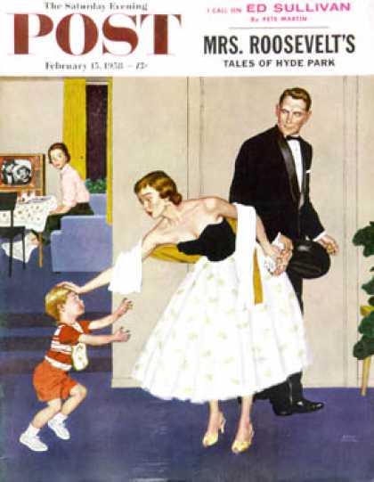 Saturday Evening Post - 1958-02-15: Formal Hug (Amos Sewell)