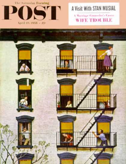 Saturday Evening Post - 1958-04-19: Apartment Clarinetist (John Falter)